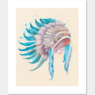 Native American Indian Chief Headdress Watercolor Art Posters and Art